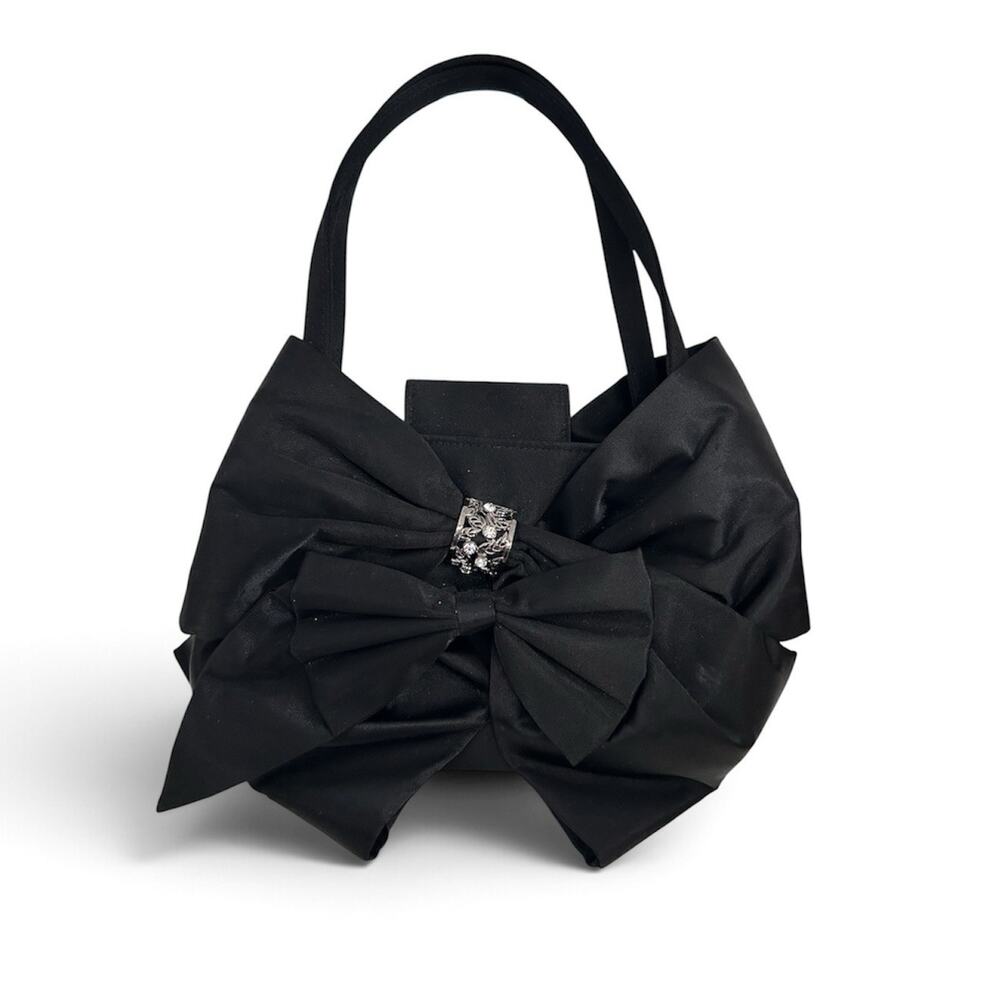 Kate Landry Satin Bow Black Evening Cocktail Purse Clutch Bag Rhinstone Silver